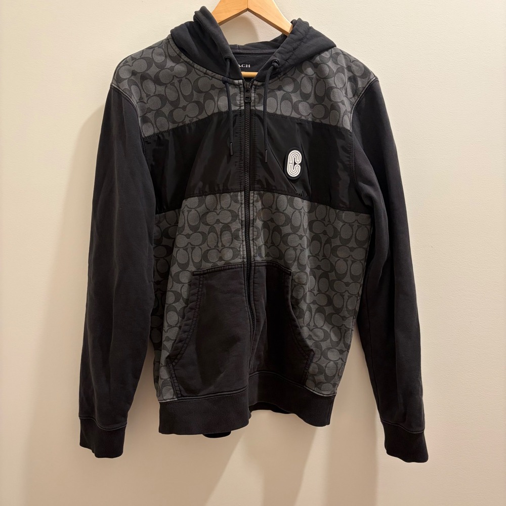 Coach Mens Signature Monogram Full Zip Hoodie Black Charcoal Streetwear Luxury